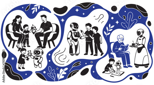 Fotografie Vector illustration of people interacting with robots in daily life scenes inclu