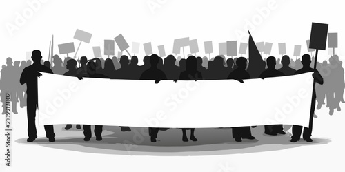 фотографія Protest banner held by crowd silhouettes grayscale vector illustration on white