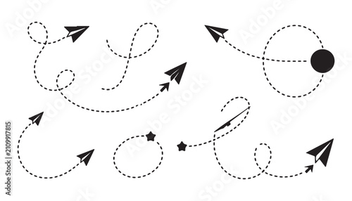 Konstfotografi Paper plane flight paths set with dashed lines icons representing travel routes on transparent background