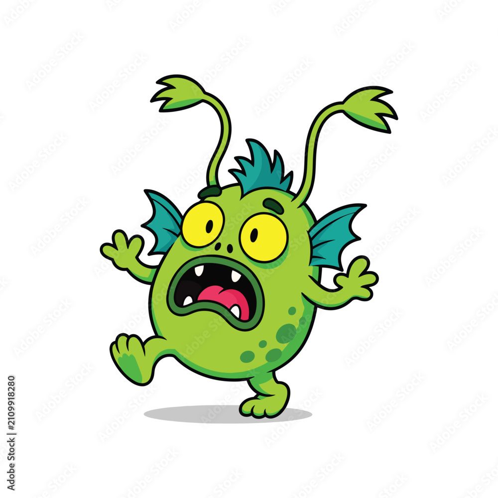 Fototapeta premium Funny Green Cartoon Monster Character Flat Vector Illustration