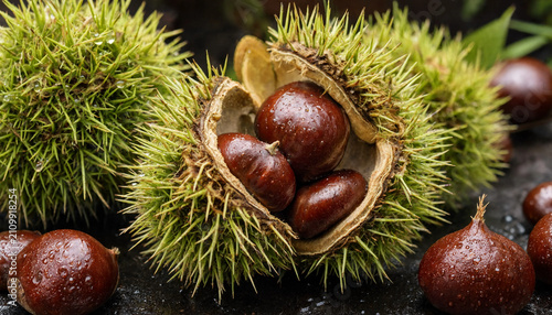 Bild auf Leinwand Fresh chestnuts in their spiky green burrs with some nuts scattered on a dark su