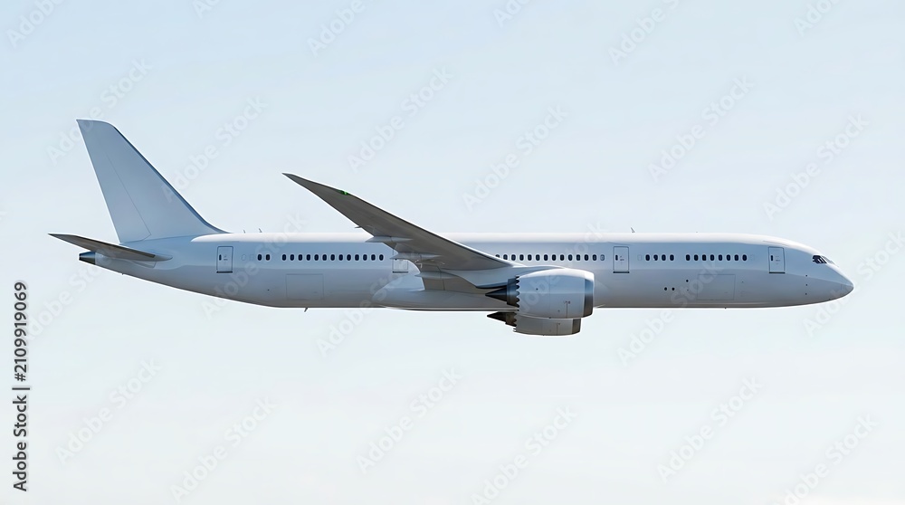 Fototapeta premium A sleek sci-fi jetliner flying through the clear sky as a concept design for futuristic aviation travel and advanced long distance aerospace transportation