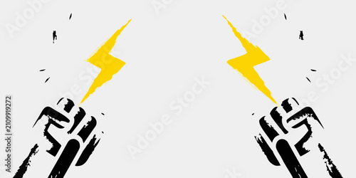 Photos Raised Fists With Yellow Lightning Bolts Black Stencil Illustration On White Bac