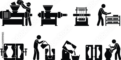 Bild auf Leinwand Industrial manufacturing processes and pottery production vector icon set with w