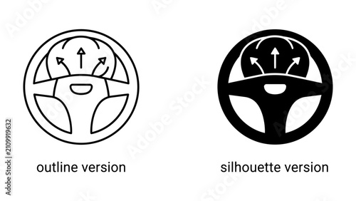 Cuadro en lienzo Steering Wheel Dashboard Icon: A set of line art and silhouette icons representing a car steering wheel with a dashboard gauge, symbolizing automotive technology and control