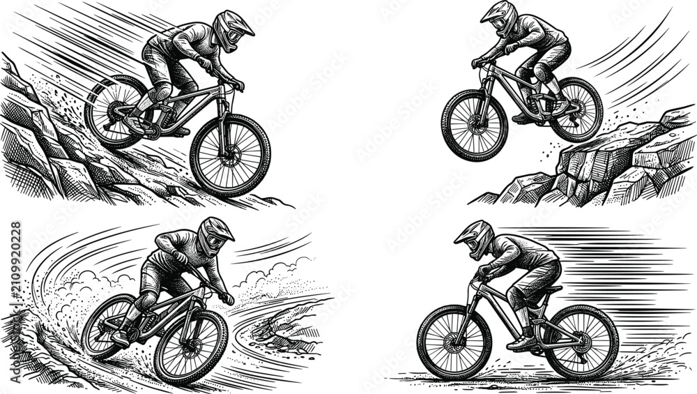 Fototapeta premium Extreme Mountain Bike Downhill Rider Vector Set with Engraved Linocut Sketch Illustrations of Cyclists Racing and Jumping on Rough Rocky Trails