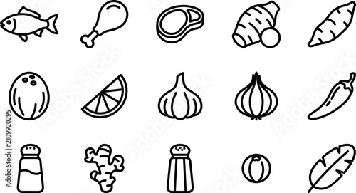 Foto Fresh food cooking ingredients and organic grocery restaurant kitchen recipe vector icon set