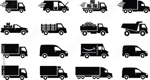 Bild auf Leinwand Variety of different types of delivery and transport trucks icons set