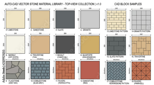 Top-view vector library illustrating diverse stone materials and paving patterns for architectural design