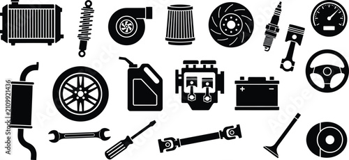 Photos Collection of various car parts and automotive tools icons set