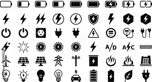 Tableau sur toile Collection of various electricity and energy related icons with transparent back