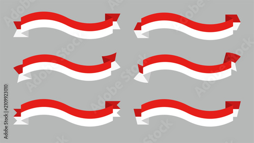 Collection of wavy red and white flat ribbon banner elements in a clean modern style, inspired by the colors of the Indonesian flag. Editable vector, ideal for labels, badges and graphic design.
