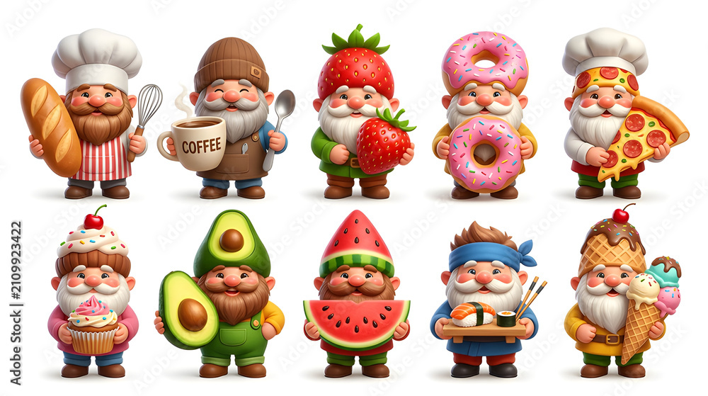 Fototapeta premium Cute funny food gnome collection with baker gnome, coffee gnome, strawberry gnome, donut gnome, pizza gnome, cupcake gnome, avocado gnome, watermelon gnome, sushi gnome and ice cream gnome, premium 3D