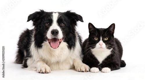 Black and white border collie dog and tuxedo cat lying together on white background.