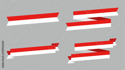 Collection of angled red and white flat ribbon banner elements in a clean modern style, inspired by the colors of the Indonesian flag. Editable vector, ideal for labels, badges and graphic design.