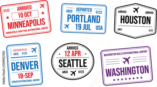 Retro Aviation Travel Stamp Labels Featuring American Cities Vector Badge Collection Design