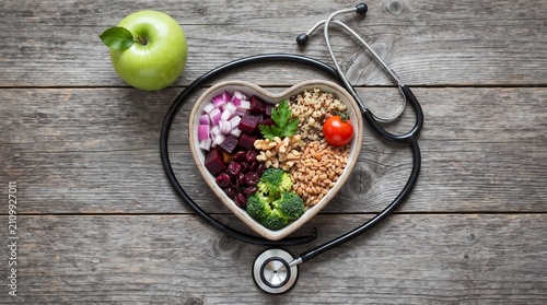 Heart shaped bowl filled with assorted healthy foods with stethoscope and green apple on wooden table.