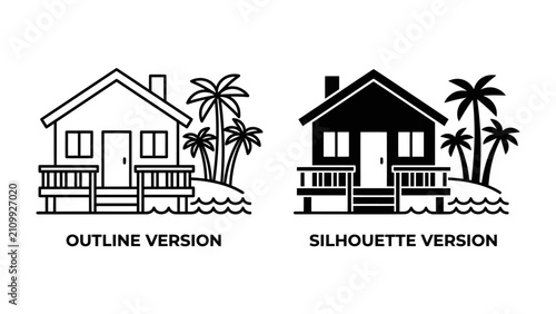 Fotografie Tropical Beach House: A charming tropical beach house is depicted in both an outline and silhouette version, showcasing a cozy dwelling with palm trees and the ocean waves