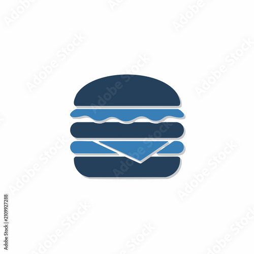 Flat vector illustration of a hamburger icon. Minimalist blue fast food symbol representing cheeseburger, beef burger, junk food, restaurant menu, and quick meal concept.