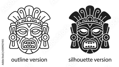 Fotografija Aztec Mask: Two stylized Aztec mask designs, one in outline and the other as a silhouette, showcase the intricate details of ancient Mesoamerican art and symbolism