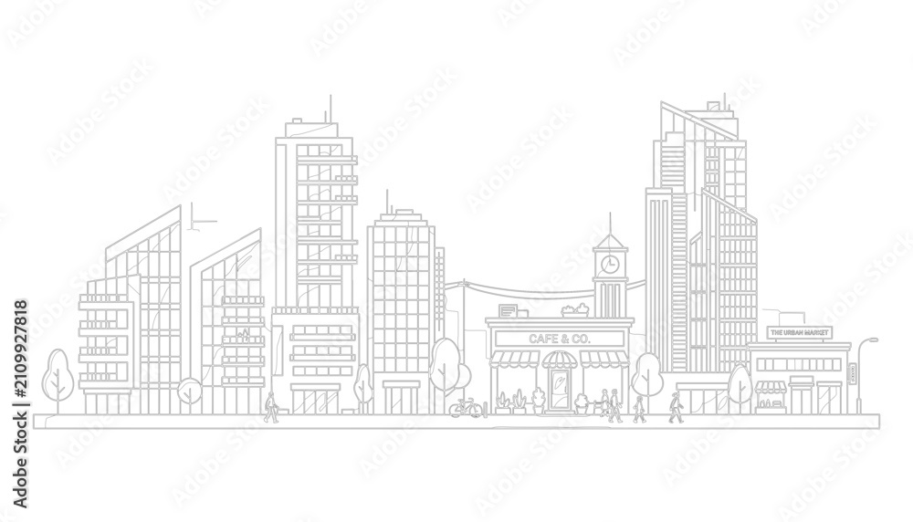 Obraz premium Skyscrapers and Buildings in a Cityscape Illustration with Trees and People Featuring Urban, Architecture, Modern with High-Rise