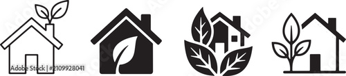 Eco house icon. Green home symbol. Simple pictogram for sustainable housing, eco friendly property, energy saving, natural living and real estate design.