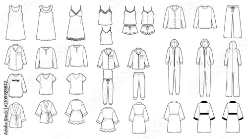 Sleepwear clothing vector line drawing template set for fashion design.