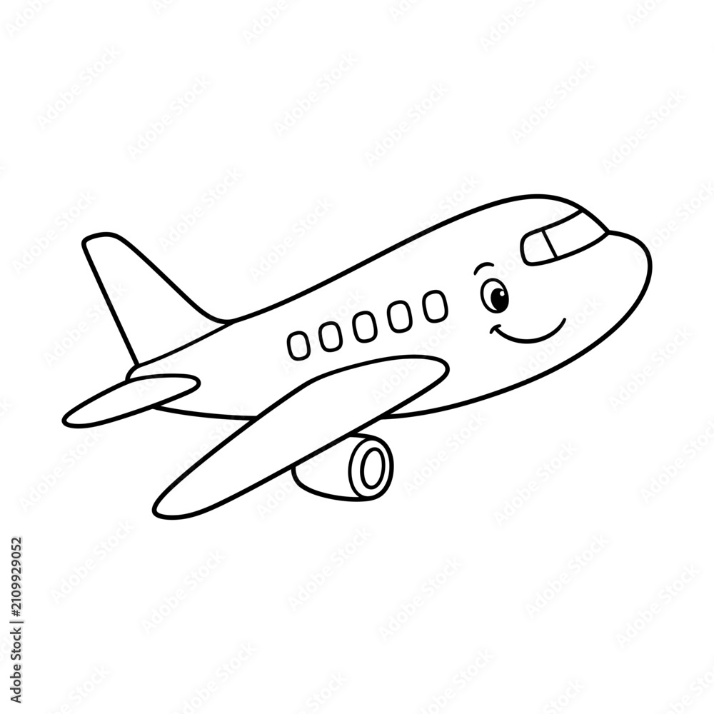 Naklejka premium Cartoon airplane with smiling face flying against a plain background to symbolize travel and joy.