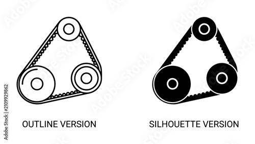Foto Timing Belt Systems: Two diagrams showcasing a timing belt system, one as an outline and the other as a silhouette, illustrating the mechanics of synchronized rotation and power transmission