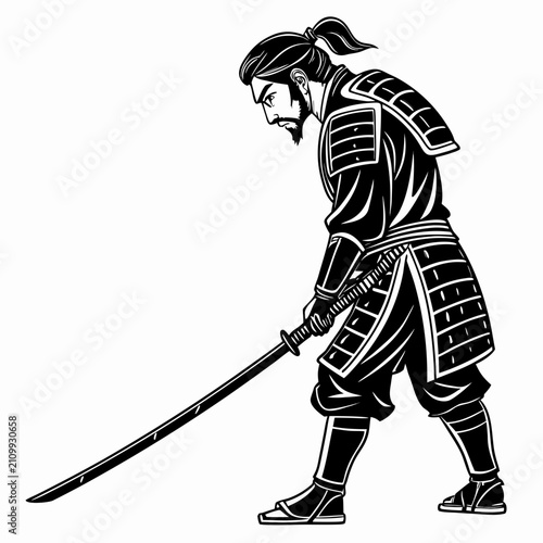 фотографія Samurai warrior with a katana sword vector illustration, featuring a bearded japanese man in traditional attire, ready for battle, profile view