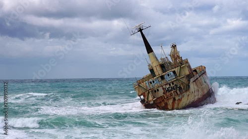 Famous edro iii shipwreck sinking in a stormy sea in cyprus
