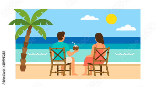 Couple relaxing on bamboo chairs looking at the ocean on a beach