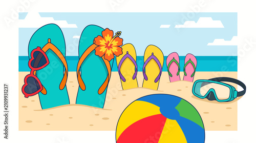 Family sandals beach ball and snorkeling gear on a sandy shore