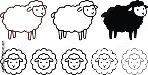 Cute sheep lamb icon set featuring fluffy farm animal wool outline and solid graphic web design element collection