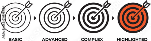 Target icon with arrow in center symbolizing goal, focus and accuracy. Bullseye pictogram for success, achievement, strategy and direction. Ideal for planning, performance, and business goals concept.