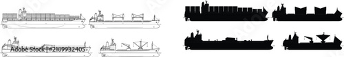 Foto Set of container ship, cargo vessel, oil tanker, and bulk carrier vector line an