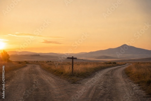 A forked country road under golden hour light, creating a peaceful rural atmosphere.