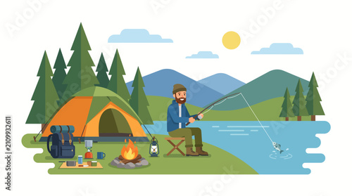 Man fishing at a scenic campsite by a mountain lake