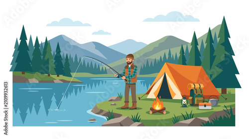 Man fishing by a mountain lake next to a campsite with tent