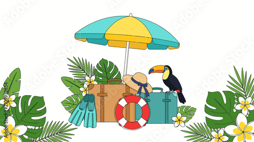 Tropical summer vacation scene with suitcases and beach equipment