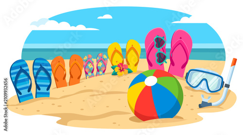 Summer vacation accessories on a sandy beach with ocean view