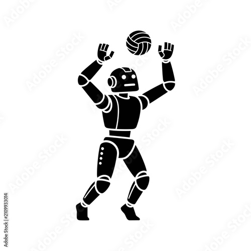 Robot volleyball player prepares to serve or spike a ball in this stylized graphic representing the future of interactive sports and automated human-machine leisure activities.