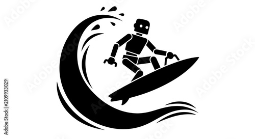 Robot surfer rides a large ocean wave in this minimalist graphic illustration representing artificial intelligence participating in recreational water sports.
