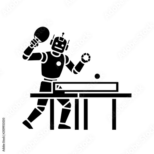 Robot playing table tennis shows a mechanical player engaged in a classic recreational sport activity.