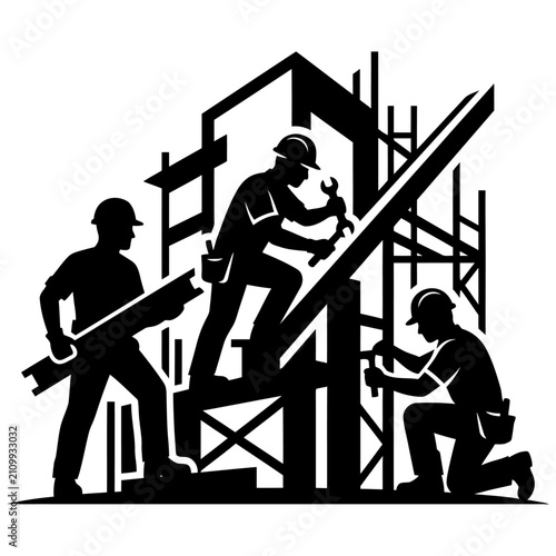 silhouette construction workers collaborating on a building project showcasing teamwork and hard work for the construction industry.