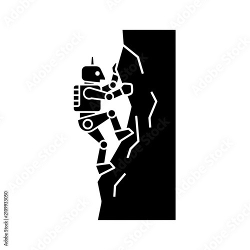 Robot mountaineer climbing a rocky cliff face illustrates the intersection of advanced robotics and extreme outdoor exploration.