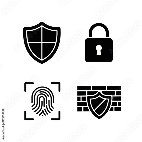 Cybersecurity icons highlight critical digital protection measures including defensive shields, padlocks for encryption, fingerprint biometric authentication, and robust network firewall.