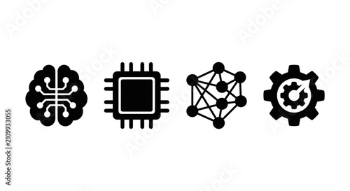 Artificial intelligence icons symbolize advanced computing concepts like neural network processing, microchip hardware, interconnected data nodes, and automated mechanical system optimization.