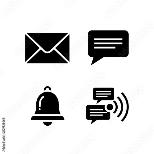 Communication icons illustrate essential tools for digital messaging, email correspondence, notification alerts, and interactive chat exchanges in a modern interface.