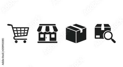 Retail icons including a shopping cart, storefront building, shipping package, and magnifying glass represent the e-commerce supply chain process.